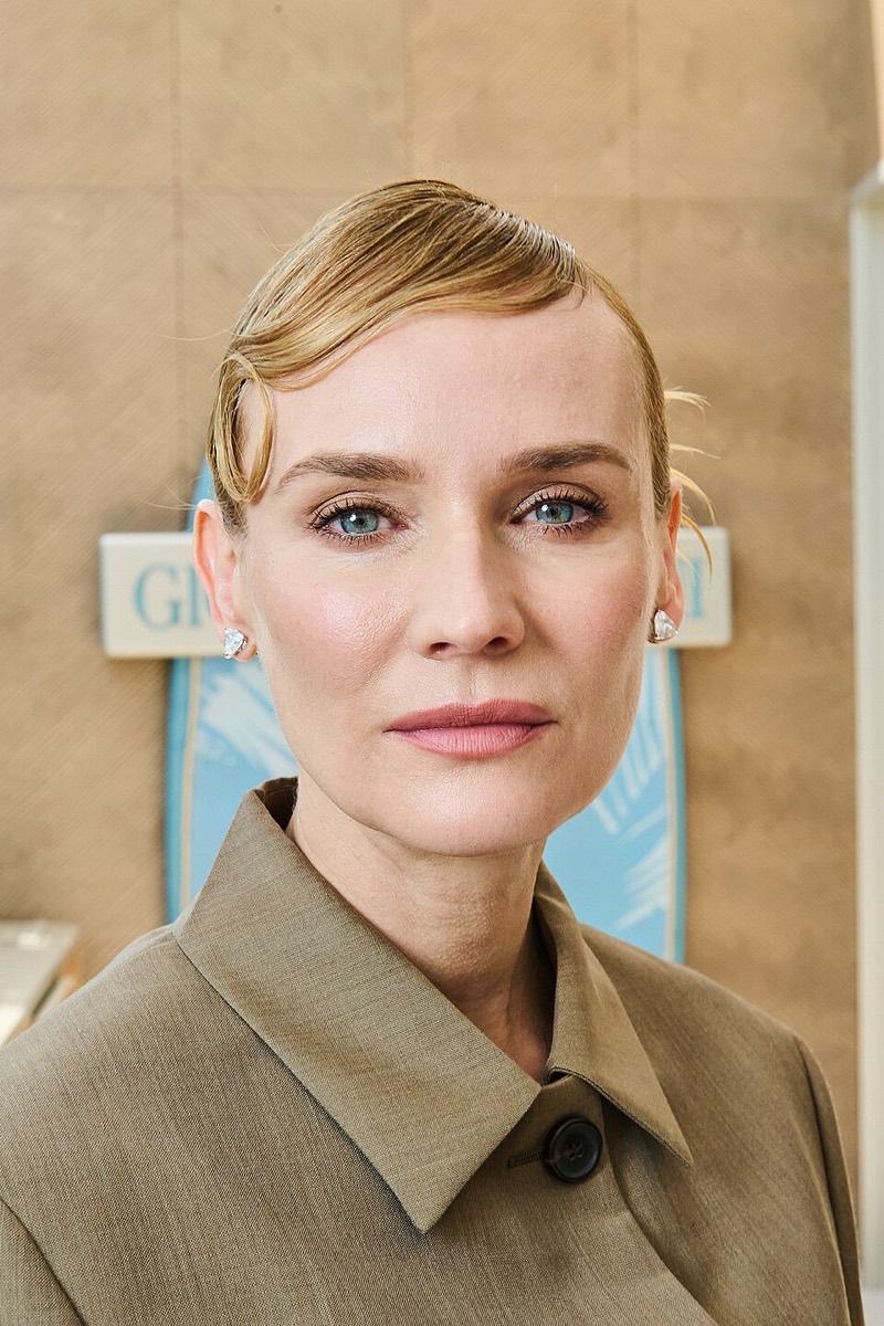 Diane Kruger: Khaki shirt jacket and diamond studs