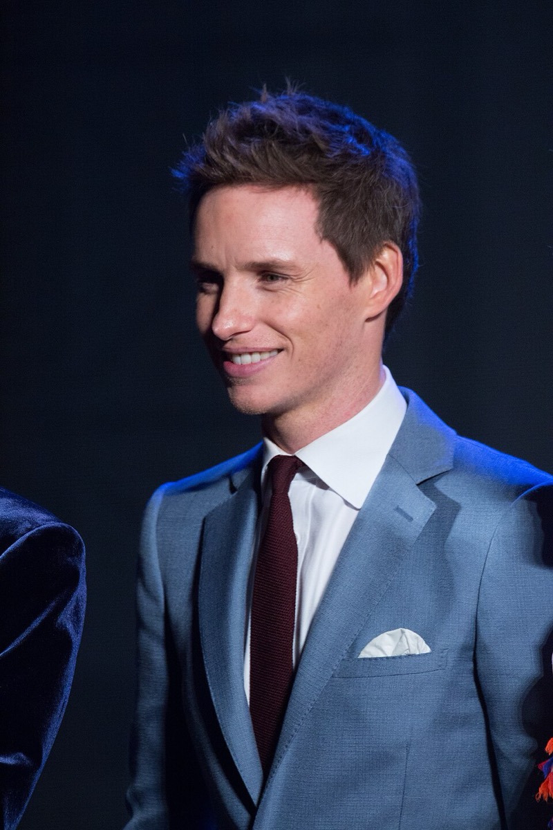 Eddie Redmayne: Blue suit and burgundy tie