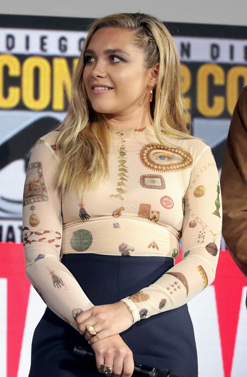 Florence Pugh: Printed sheer top and navy trousers