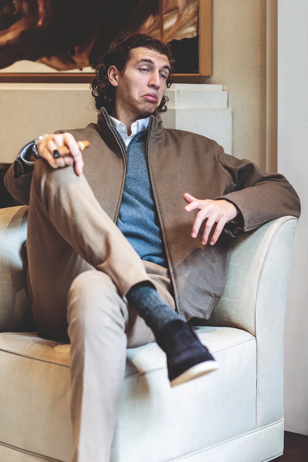 Gstaad Guy: Cashmere zip jacket and suede loafers