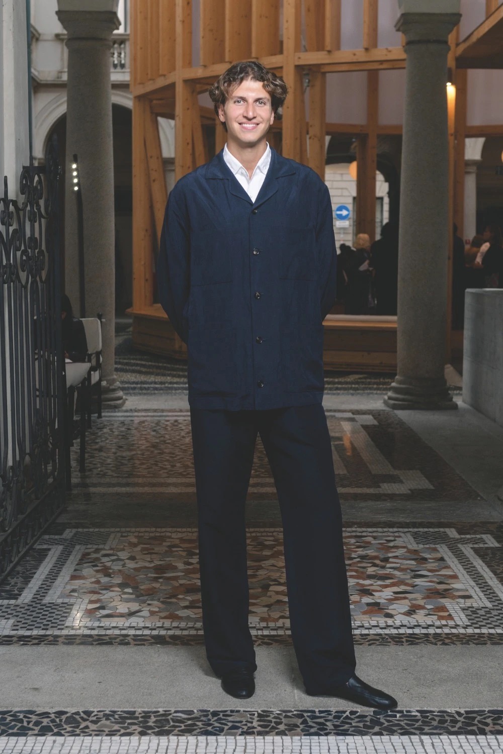 Gstaad Guy: Navy overshirt and wide trousers