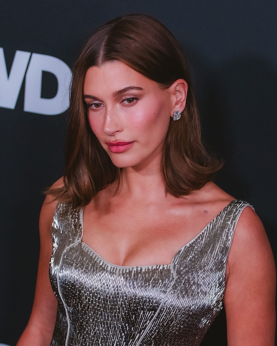 Hailey Bieber: Silver beaded slip dress