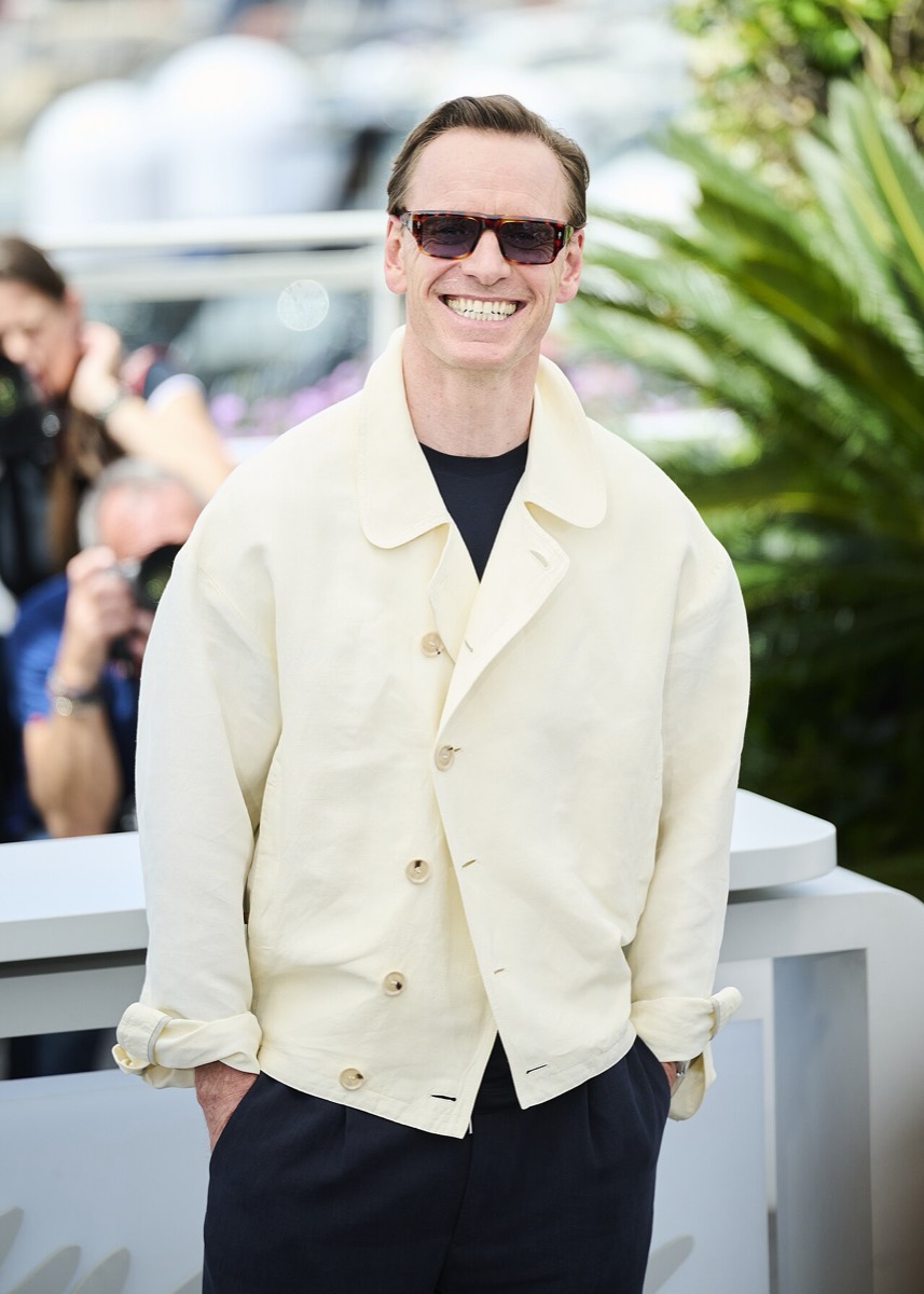 Michael Fassbender: Cream work jacket and black tee