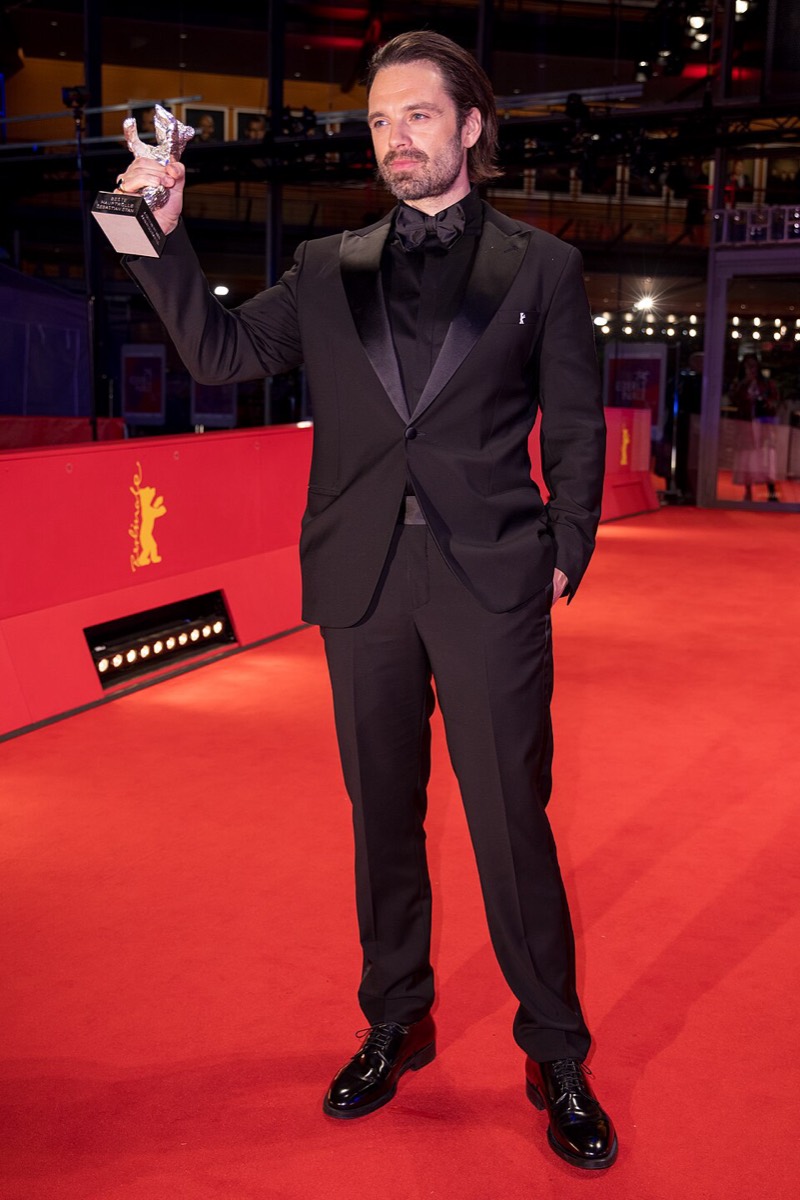 Sebastian Stan: Black tuxedo and black shirt